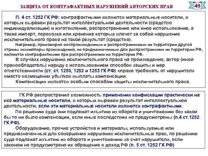 ЗАЩИТА ОТ КОНТРАФАКТНЫХ НАРУШЕНИЙ АВТОРСКИХ ПРАВ 45 П. 4 ст. 1252 ГК РФ: контрафактными