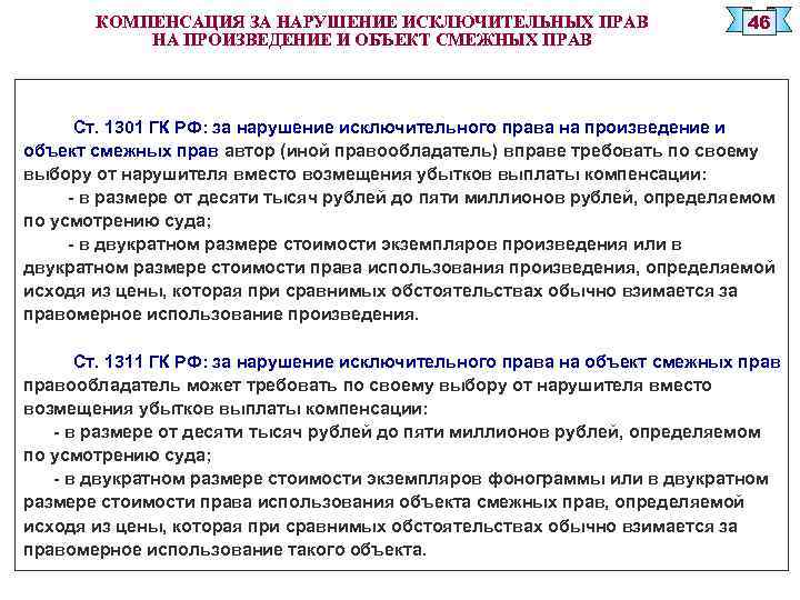 Компенсация действий. Компенсация за нарушение исключительных прав. Нарушение исключительного права на произведение. Ответственность за нарушение исключительного права на произведение. Ограничение исключительных прав и авторских прав.