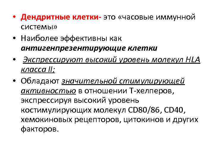  • Дендритные клетки- это «часовые иммунной системы» • Наиболее эффективны как антигенпрезентирующие клетки