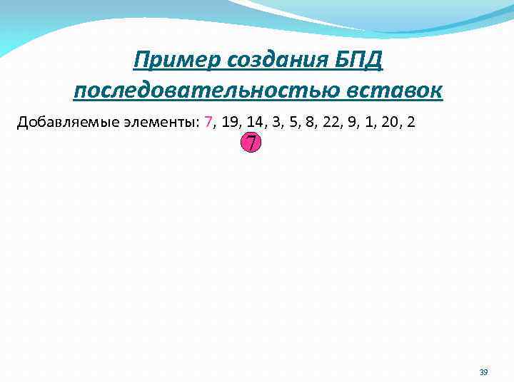 Пример создания БПД последовательностью вставок Добавляемые элементы: 7, 19, 14, 3, 5, 8, 22,