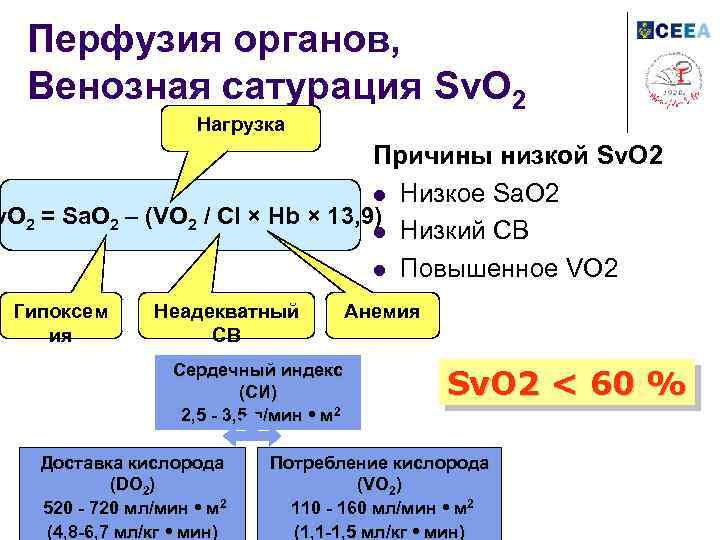 Перфузия органов, Венозная сатурация Sv. O 2 Нагрузка Причины низкой Sv. O 2 l