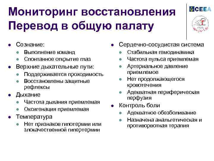 Мониторинг восстановления Перевод в общую палату l Сознание: l l l Поддерживается проходимость Восстановлены