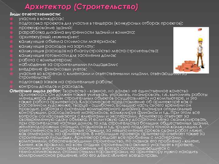 Архитектор (Строительство) Виды ответственности: участие в конкурсах; подготовка проектов для участия в тендерах (конкурсных