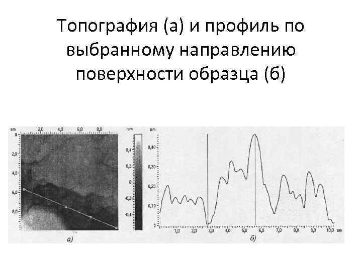 Топография (а) и профиль по выбранному направлению поверхности образца (б) 
