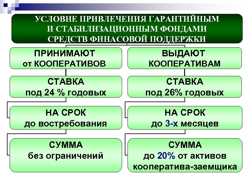 УСЛОВИЕ ПРИВЛЕЧЕНИЯ ГАРАНТИЙНЫМ И СТАБИЛИЗАЦИОННЫМ ФОНДАМИ СРЕДСТВ ФИНАСОВОЙ ПОДДЕРЖКИ ПРИНИМАЮТ ВЫДАЮТ от КООПЕРАТИВОВ КООПЕРАТИВАМ