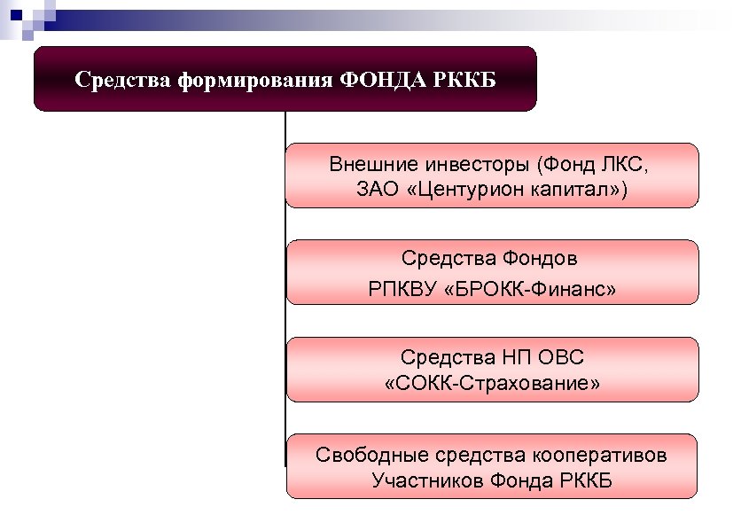 Средства формирования ФОНДА РККБ Внешние инвесторы (Фонд ЛКС, ЗАО «Центурион капитал» ) Средства Фондов