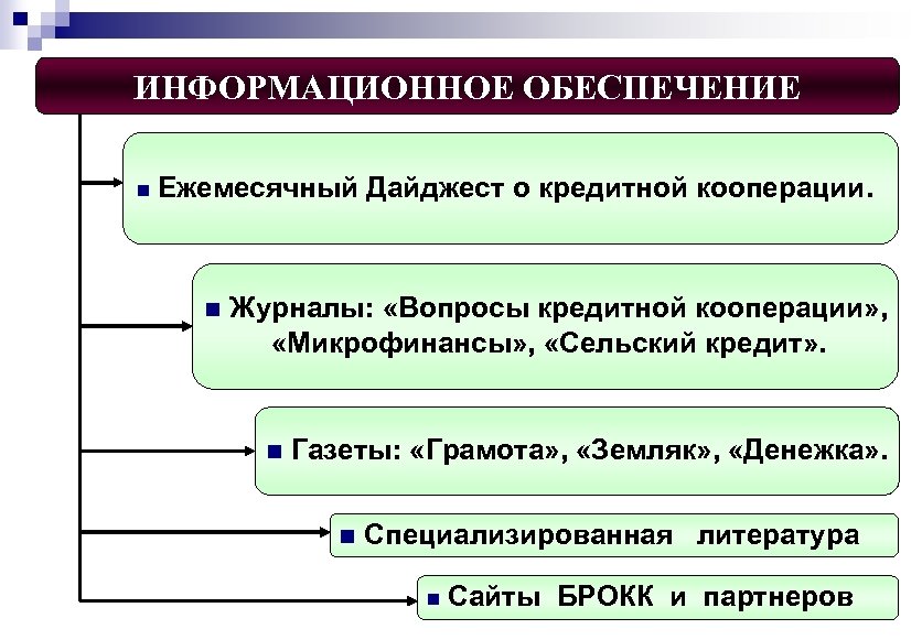 ИНФОРМАЦИОННОЕ ОБЕСПЕЧЕНИЕ n Ежемесячный Дайджест о кредитной кооперации. n Журналы: «Вопросы кредитной кооперации» ,