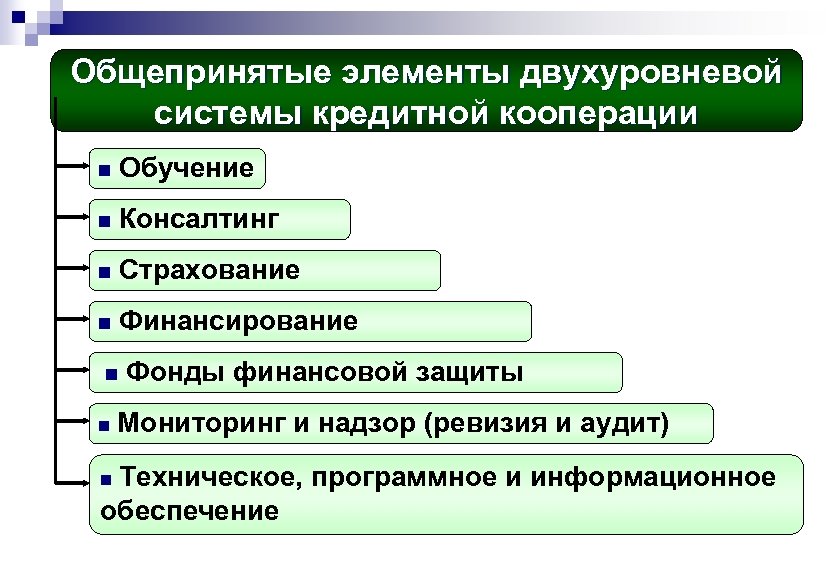 Общепринятые элементы двухуровневой системы кредитной кооперации n Обучение n Консалтинг n Страхование n Финансирование