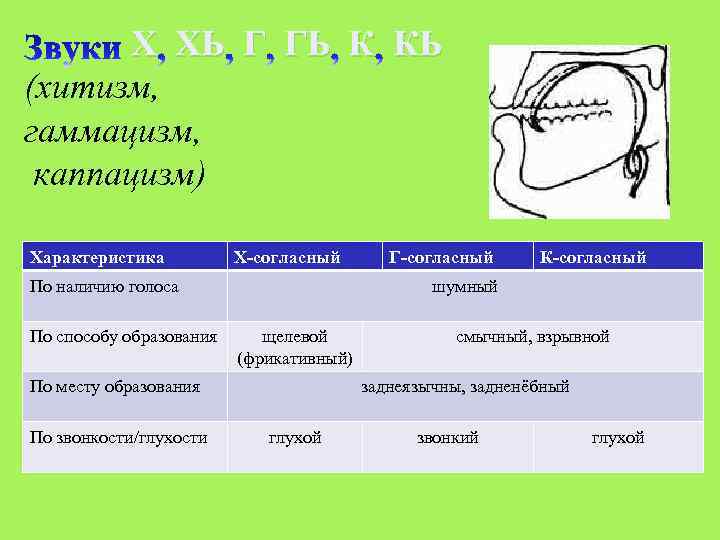 Х ХЬ Г ГЬ К КЬ (хитизм, гаммацизм, каппацизм) Характеристика Х-согласный По наличию голоса