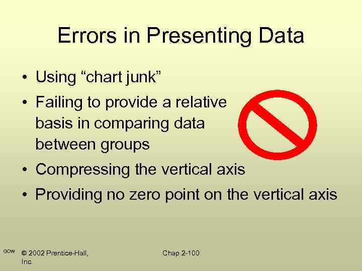 Errors in Presenting Data • Using “chart junk” • Failing to provide a relative