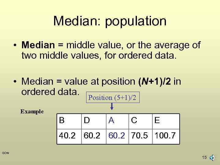 Median: population • Median = middle value, or the average of two middle values,