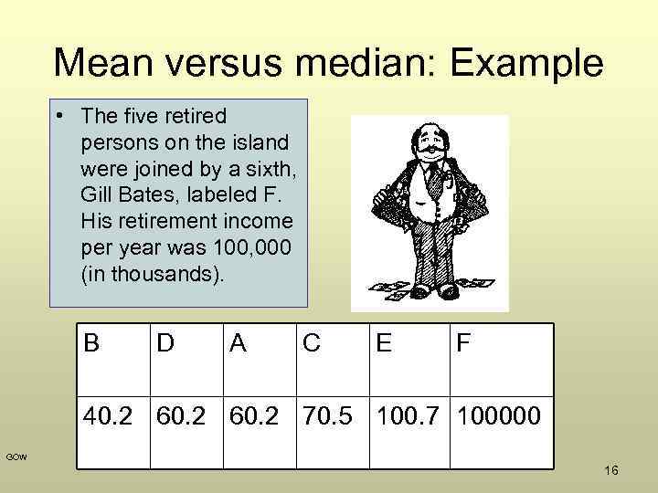 Mean versus median: Example • The five retired persons on the island were joined