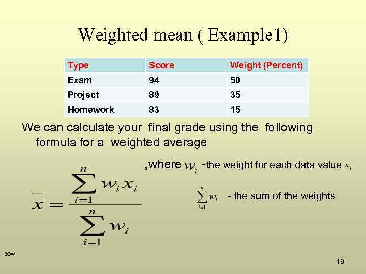Weighted mean ( Example 1) Type Score Weight (Percent) Exam 94 50 Project 89
