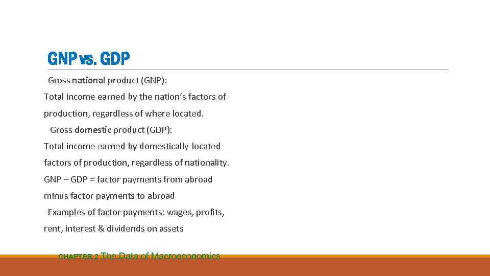 GNP vs. GDP Gross national product (GNP): Total income earned by the nation’s factors