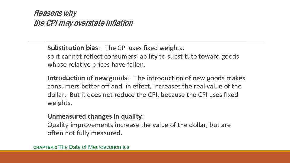 Reasons why the CPI may overstate inflation Substitution bias: The CPI uses fixed weights,