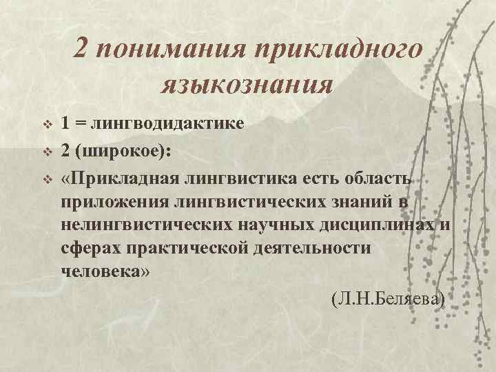 2 понимания прикладного языкознания v v v 1 = лингводидактике 2 (широкое): «Прикладная лингвистика