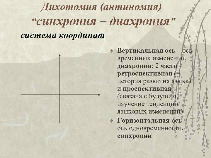 Дихотомия (антиномия) “синхрония – диахрония” система координат v v Вертикальная ось – ось временных