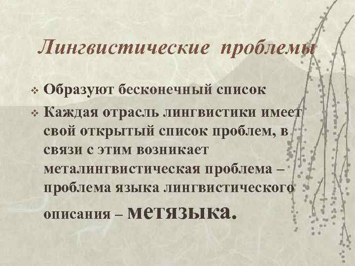 Лингвистические проблемы Образуют бесконечный список v Каждая отрасль лингвистики имеет свой открытый список проблем,