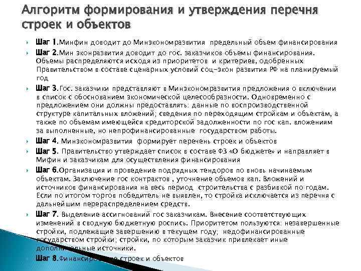 Алгоритм формирования и утверждения перечня строек и объектов Шаг 1. Минфин доводит до Минэкономразвития