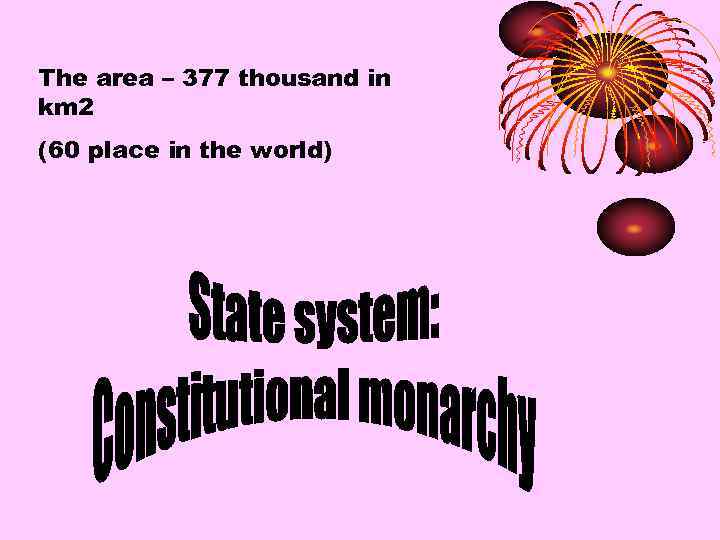 The area – 377 thousand in km 2 (60 place in the world) 