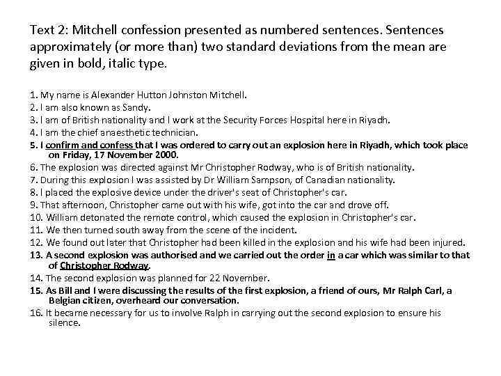 Text 2: Mitchell confession presented as numbered sentences. Sentences approximately (or more than) two