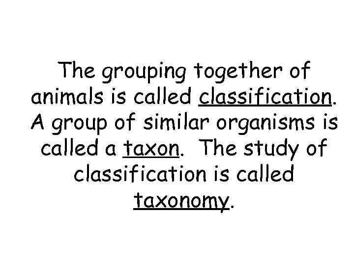 The grouping together of animals is called classification. A group of similar organisms is