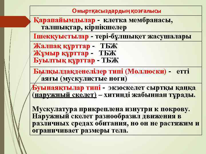 Омыртқасыздардың қозғалысы Қарапайымдылар - клетка мембранасы, талшықтар, кірпікшелер Ішекқуыстылар - тері-бұлшықет жасушалары Жалпақ құрттар