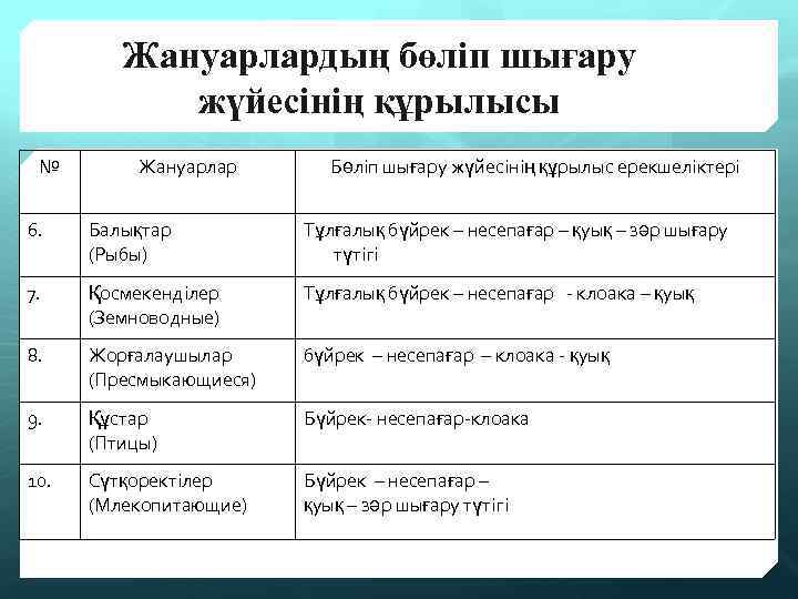 Жануарлардың бөліп шығару жүйесінің құрылысы № Жануарлар Бөліп шығару жүйесінің құрылыс ерекшеліктері 6. Балықтар