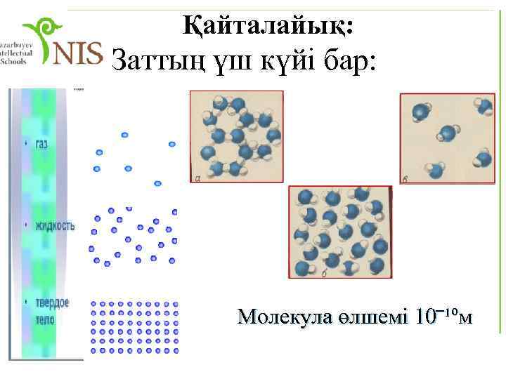 Қайталайық: Заттың үш күйі бар: Молекула өлшемі 10‾¹ºм 