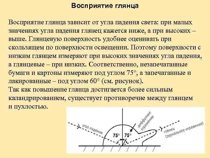 Восприятие глянца зависит от угла падения света: при малых значениях угла падения глянец кажется