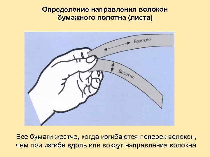 Определение направления волокон бумажного полотна (листа) Все бумаги жестче, когда изгибаются поперек волокон, чем