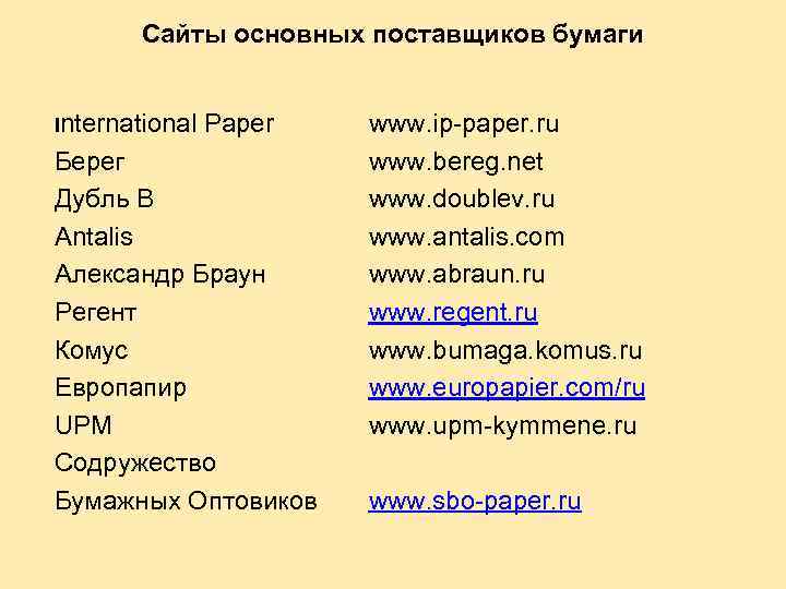 Сайты основных поставщиков бумаги International Paper Берег Дубль В Antalis Александр Браун Регент Комус