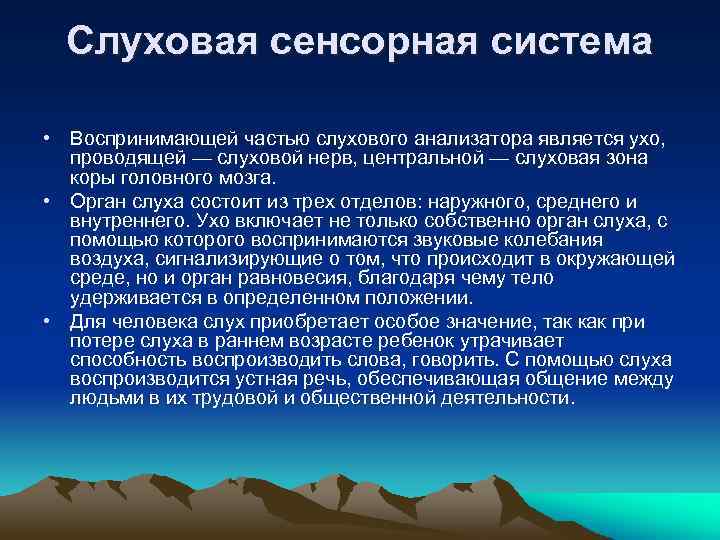 Слуховая сенсорная система • Воспринимающей частью слухового анализатора является ухо, проводящей — слуховой нерв,