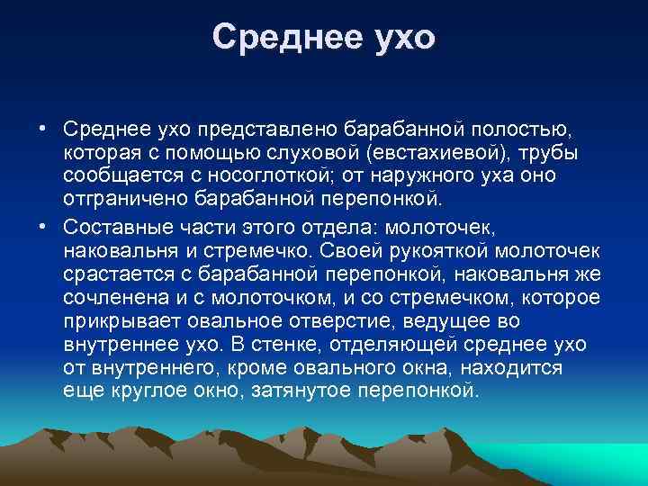 Среднее ухо • Среднее ухо представлено барабанной полостью, которая с помощью слуховой (евстахиевой), трубы
