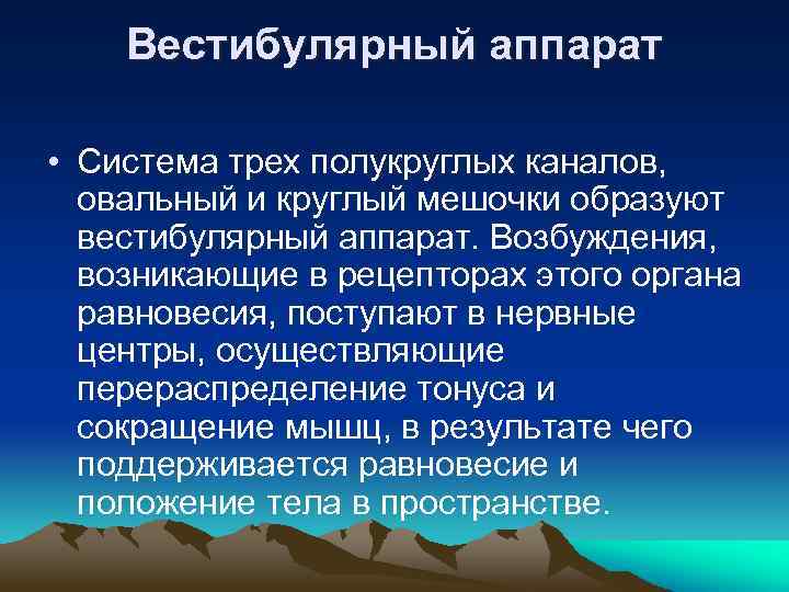 Вестибулярный аппарат • Система трех полукруглых каналов, овальный и круглый мешочки образуют вестибулярный аппарат.