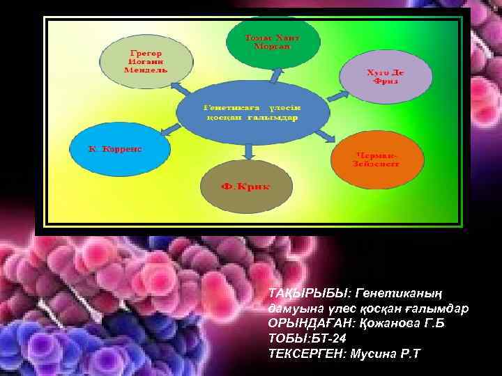 ТАҚЫРЫБЫ: Генетиканың дамуына үлес қосқан ғалымдар ОРЫНДАҒАН: Қожанова Г. Б ТОБЫ: БТ-24 ТЕКСЕРГЕН: Мусина