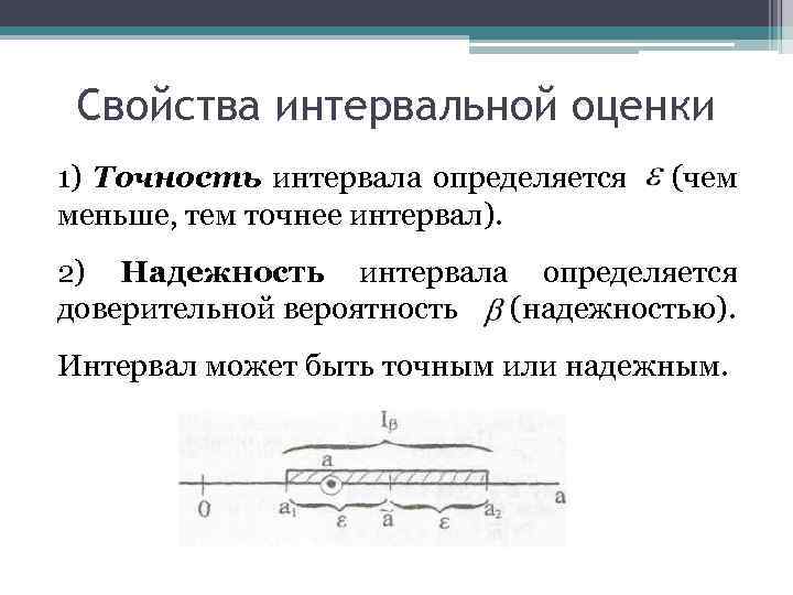 Свойства интервальной оценки 1) Точность интервала определяется (чем меньше, тем точнее интервал). 2) Надежность