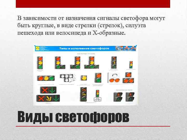 В зависимости от назначения сигналы светофора могут быть круглые, в виде стрелки (стрелок), силуэта