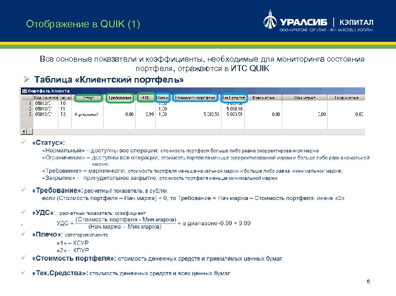 Отображение в QUIK (1) Все основные показатели и коэффициенты, необходимые для мониторинга состояния портфеля,