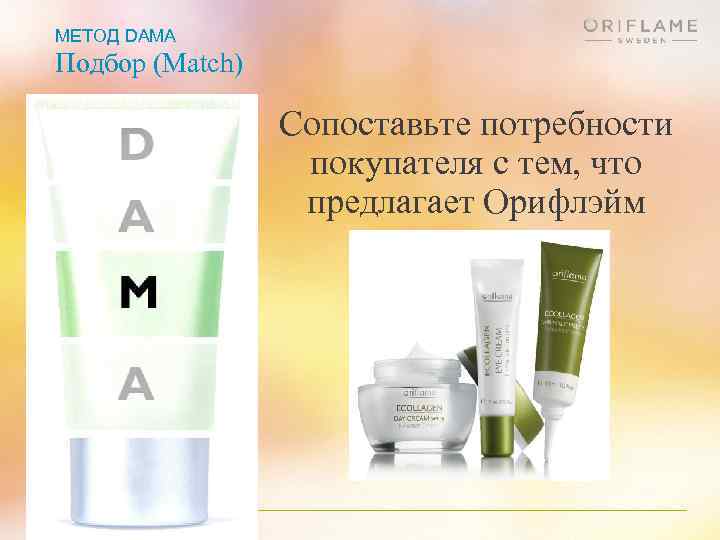 МЕТОД DAMA Подбор (Match) Сопоставьте потребности покупателя с тем, что предлагает Орифлэйм 