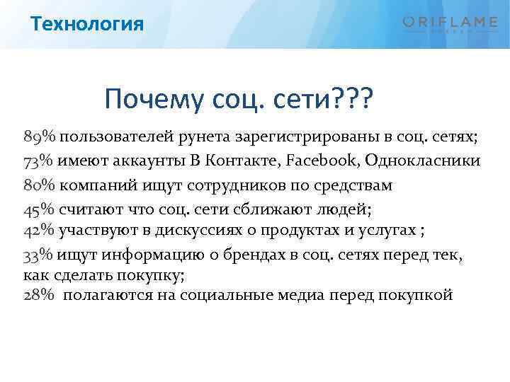 Технология Почему соц. сети? ? ? 89% пользователей рунета зарегистрированы в соц. сетях; 73%