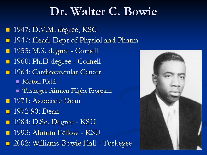 Dr. Walter C. Bowie n n n 1947: D. V. M. degree, KSC 1947: