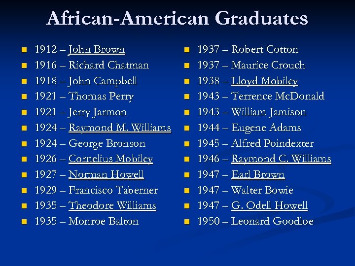 African-American Graduates n n n 1912 – John Brown 1916 – Richard Chatman 1918