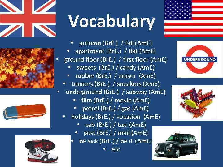 Vocabulary • autumn (Br. E. ) / fall (Am. E) • apartment (Br. E.