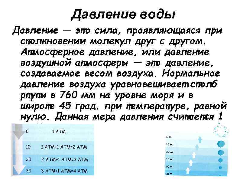 Давление воды Давление — это сила, проявляющаяся при столкновении молекул друг с другом. Атмосферное