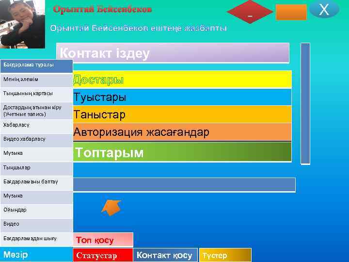 Х Орынтай Бейсенбеков ештеңе жазбапты Контакт іздеу Бағдарлама туралы v. Достары Тыңшының картасы v.