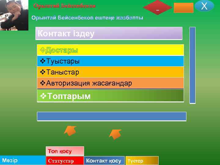 Х Орынтай Бейсенбеков ештеңе жазбапты Контакт іздеу v. Достары v. Туыстары v. Таныстар v.