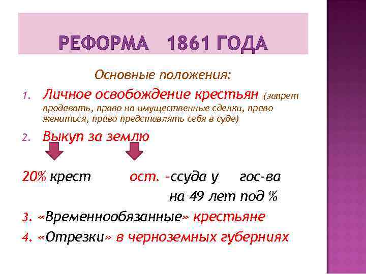 РЕФОРМА 1861 ГОДА Основные положения: 1. Личное освобождение крестьян (запрет продавать, право на имущественные