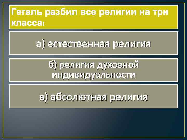 Гегель разбил все религии на три класса: а) естественная религия б) религия духовной индивидуальности