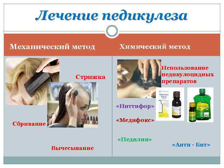 Лечение педикулеза Механический метод Химический метод Использование педикулоцидных препаратов Стрижка «Ниттифор» «Медифокс» Сбривание «Педилин»
